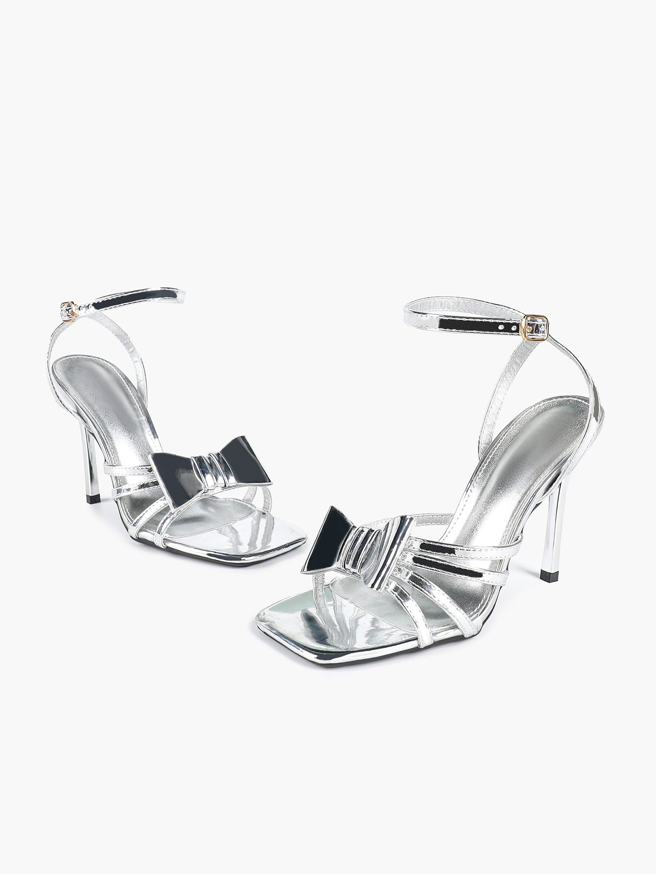Patent Leather Bow Ankle Strap Heeled Sandals, Square Toe Stiletto Pumps Party Festive