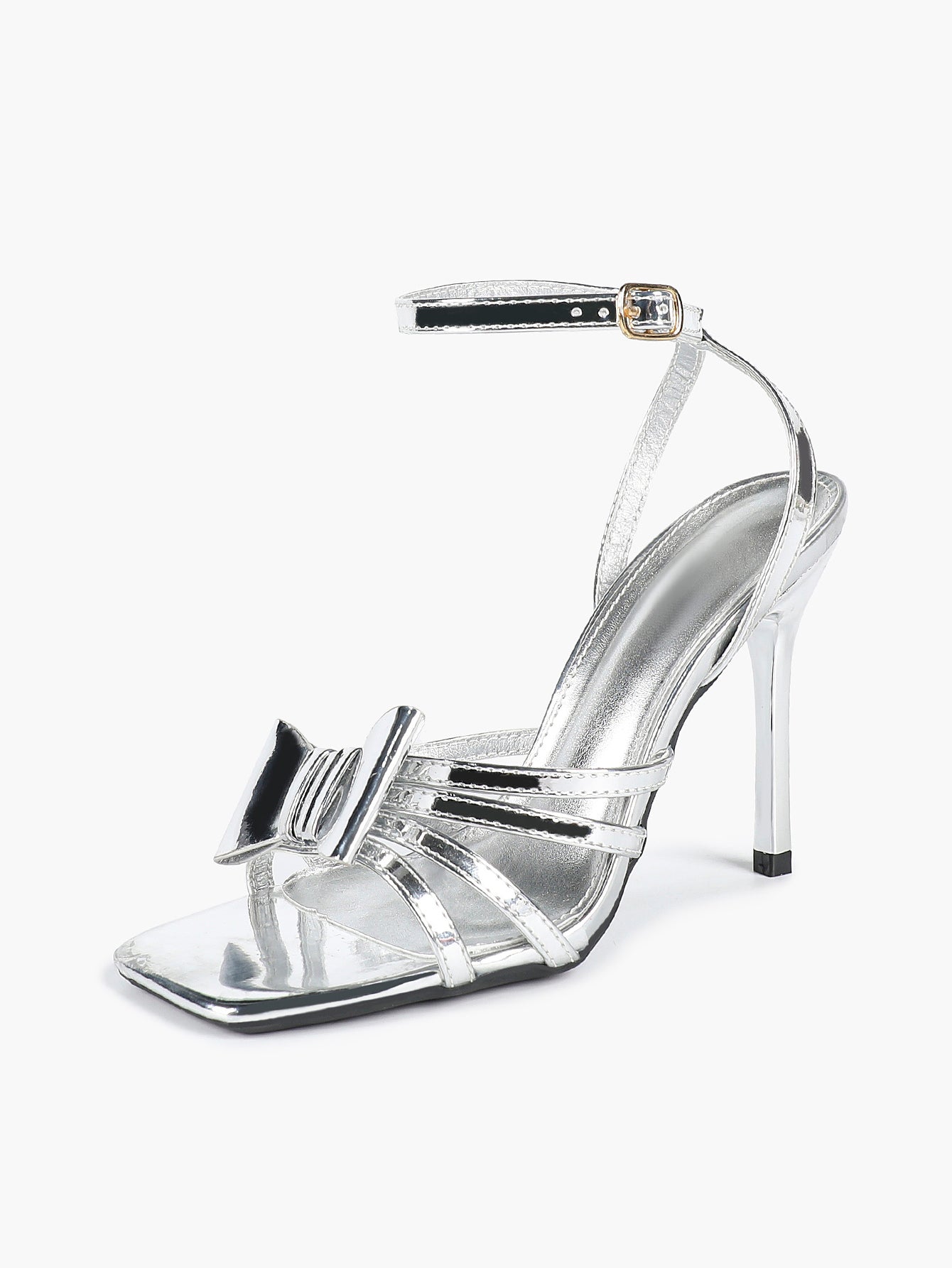 Patent Leather Bow Ankle Strap Heeled Sandals, Square Toe Stiletto Pumps Party Festive