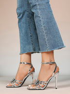 Patent Leather Bow Ankle Strap Heeled Sandals, Square Toe Stiletto Pumps Party Festive