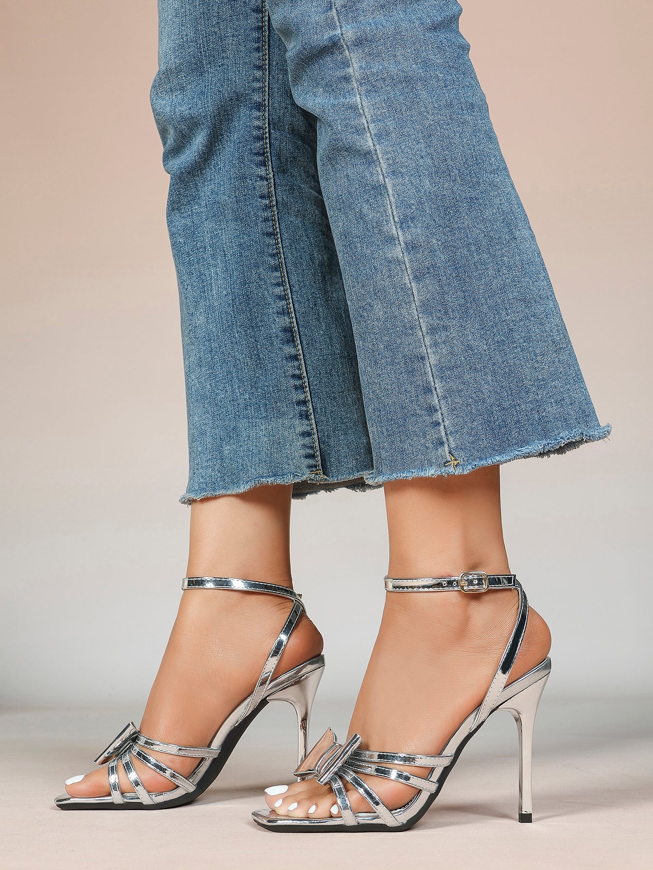 Patent Leather Bow Ankle Strap Heeled Sandals, Square Toe Stiletto Pumps Party Festive