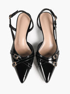Black Patent Pointed-Toe Slingback Pumps with Double Gold-Tone Buckle Straps