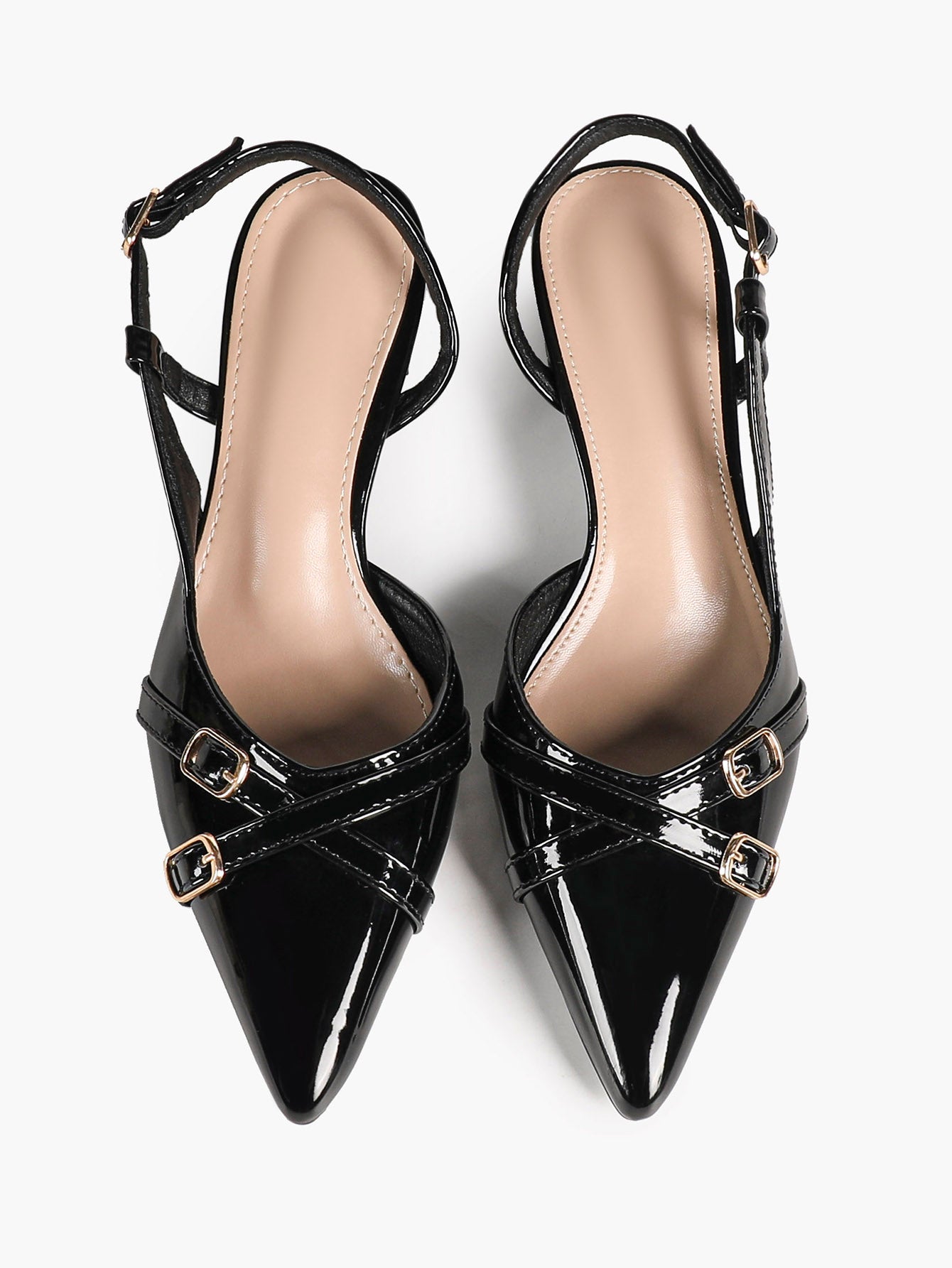 Black Patent Pointed-Toe Slingback Pumps with Double Gold-Tone Buckle Straps