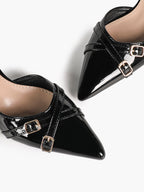 Black Patent Pointed-Toe Slingback Pumps with Double Gold-Tone Buckle Straps