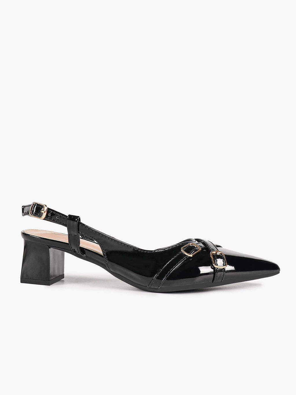 Black Patent Pointed-Toe Slingback Pumps with Double Gold-Tone Buckle Straps