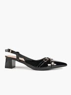 Black Patent Pointed-Toe Slingback Pumps with Double Gold-Tone Buckle Straps