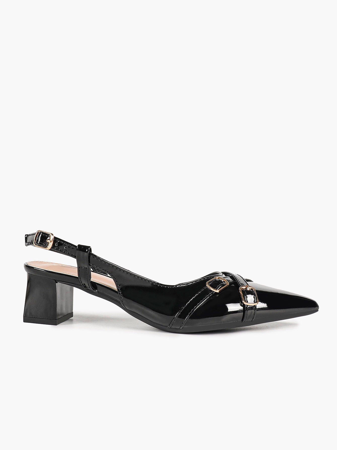 Black Patent Pointed-Toe Slingback Pumps with Double Gold-Tone Buckle Straps