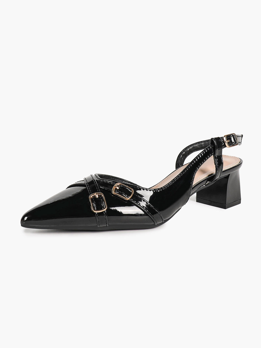 Black Patent Pointed-Toe Slingback Pumps with Double Gold-Tone Buckle Straps