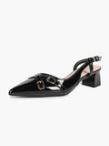 Black Patent Pointed-Toe Slingback Pumps with Double Gold-Tone Buckle Straps