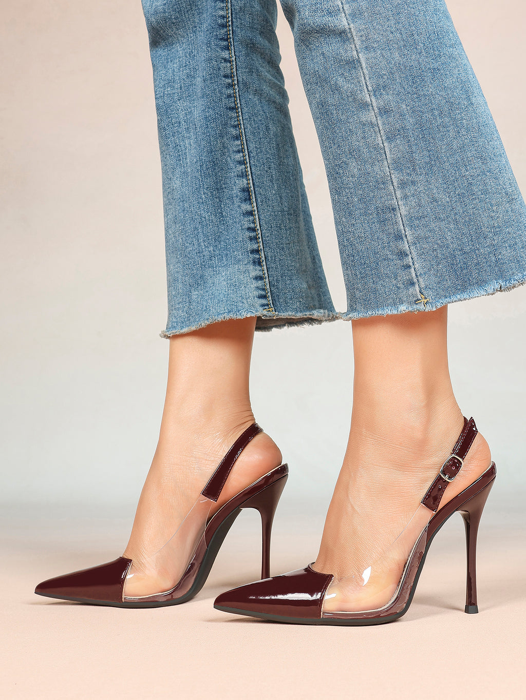 PVC Pointed Toe Slingback Sexy Heeled Pumps Ankle Strap Stiletto Shoes Clubwear