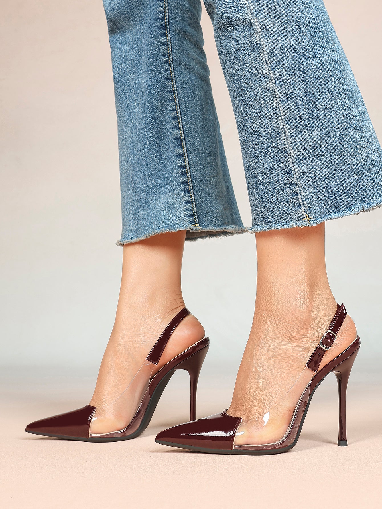 PVC Pointed Toe Slingback Sexy Heeled Pumps Ankle Strap Stiletto Shoes Clubwear