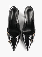 Pointed Toe Slingback Heels Patent Leather Black - Dressy Evening