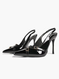 Pointed Toe Slingback Heels Patent Leather Black - Dressy Evening