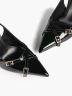 Pointed Toe Slingback Heels Patent Leather Black - Dressy Evening