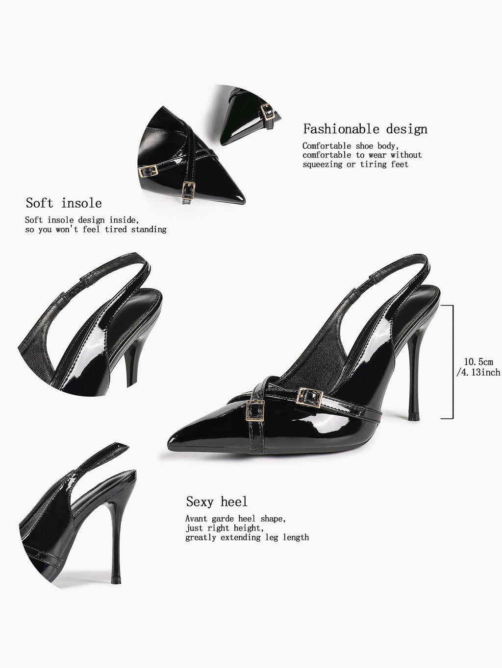Pointed Toe Slingback Heels Patent Leather Black - Dressy Evening