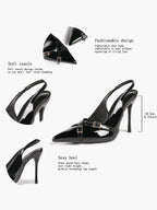 Pointed Toe Slingback Heels Patent Leather Black - Dressy Evening