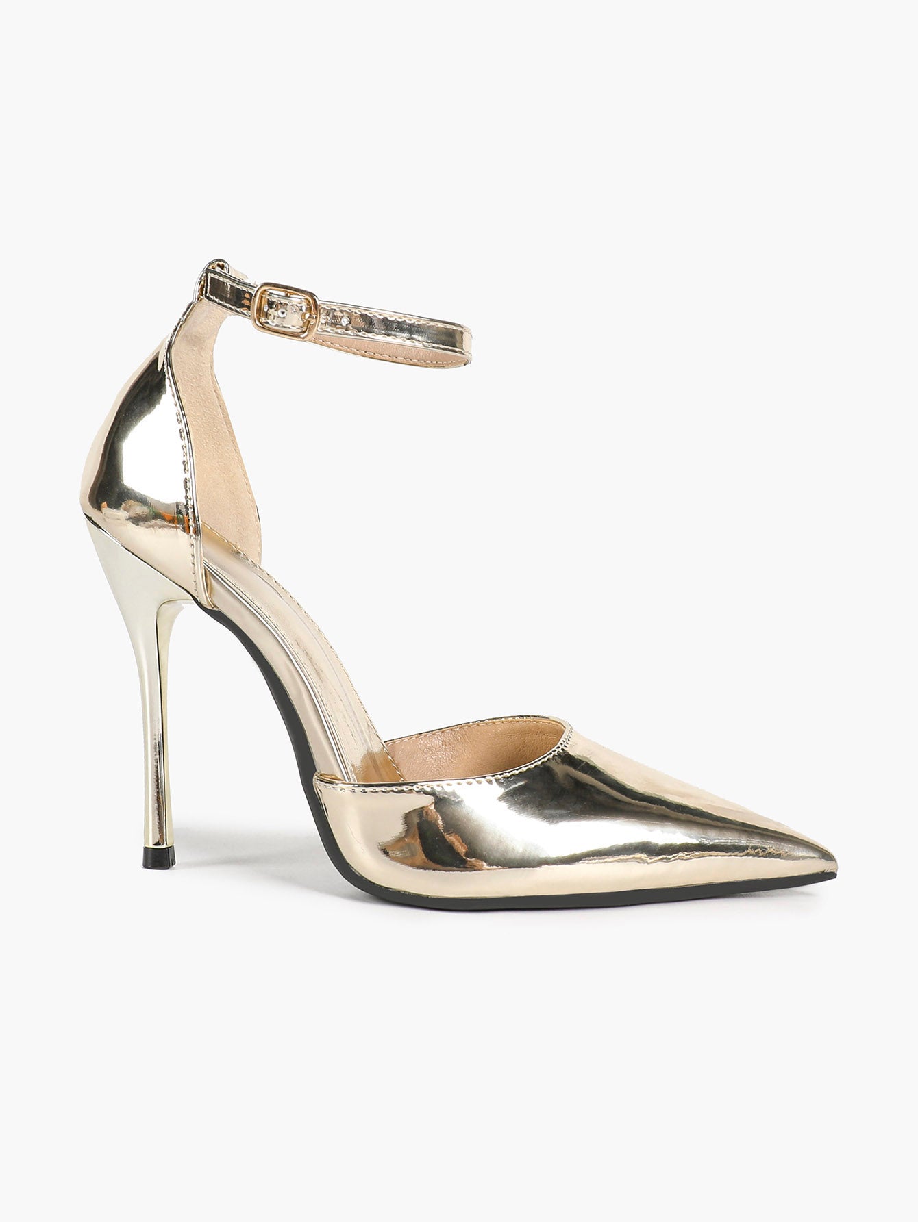 Pointed Toe Gold Metallic Side Cutout Ankle Strap Stiletto Fashion Party Date Night