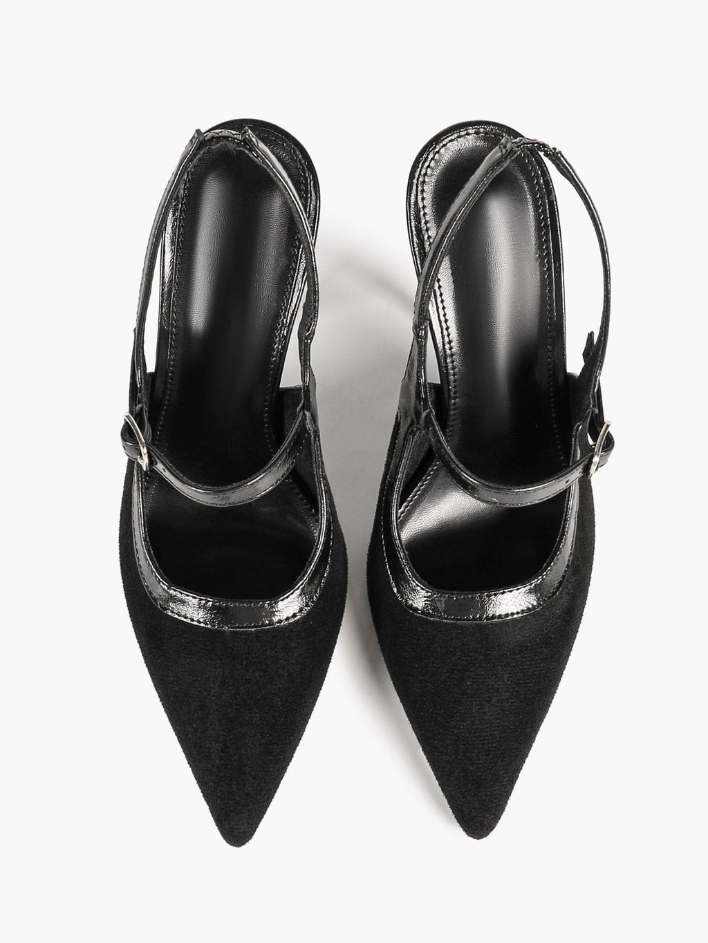 Pointed Toe Black Suede T‑Strap Slingback Heels Stiletto Shoes with Gold Buckle Evening Office