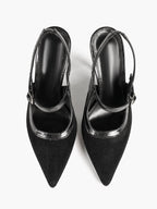 Pointed Toe Black Suede T‑Strap Slingback Heels Stiletto Shoes with Gold Buckle Evening Office