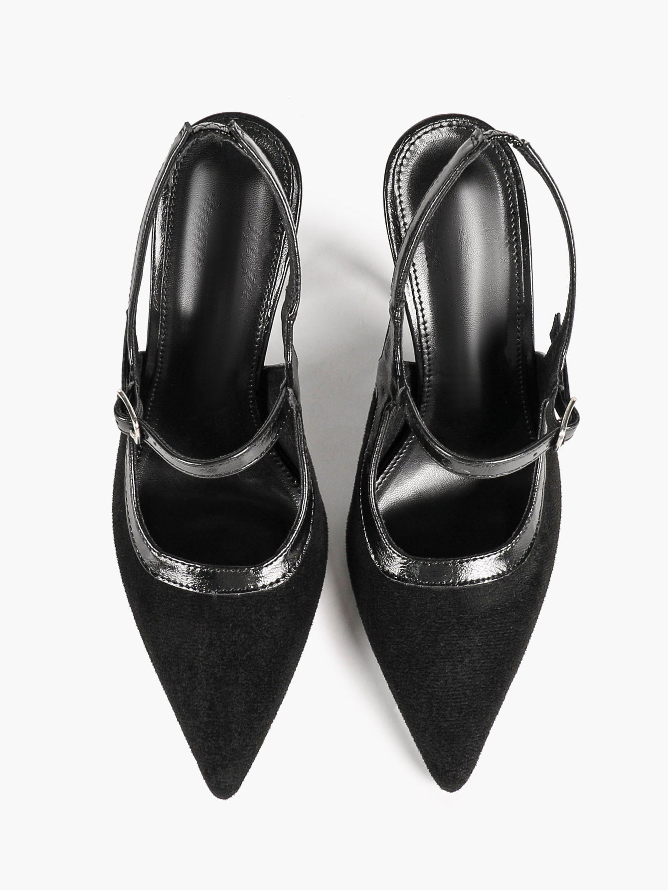 Pointed Toe Black Suede T‑Strap Slingback Heels Stiletto Shoes with Gold Buckle Evening Office