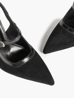 Pointed Toe Black Suede T‑Strap Slingback Heels Stiletto Shoes with Gold Buckle Evening Office