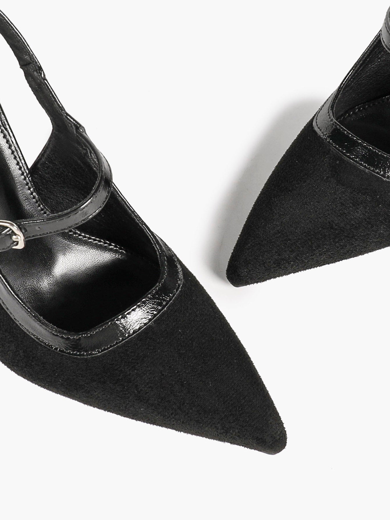 Pointed Toe Black Suede T‑Strap Slingback Heels Stiletto Shoes with Gold Buckle Evening Office