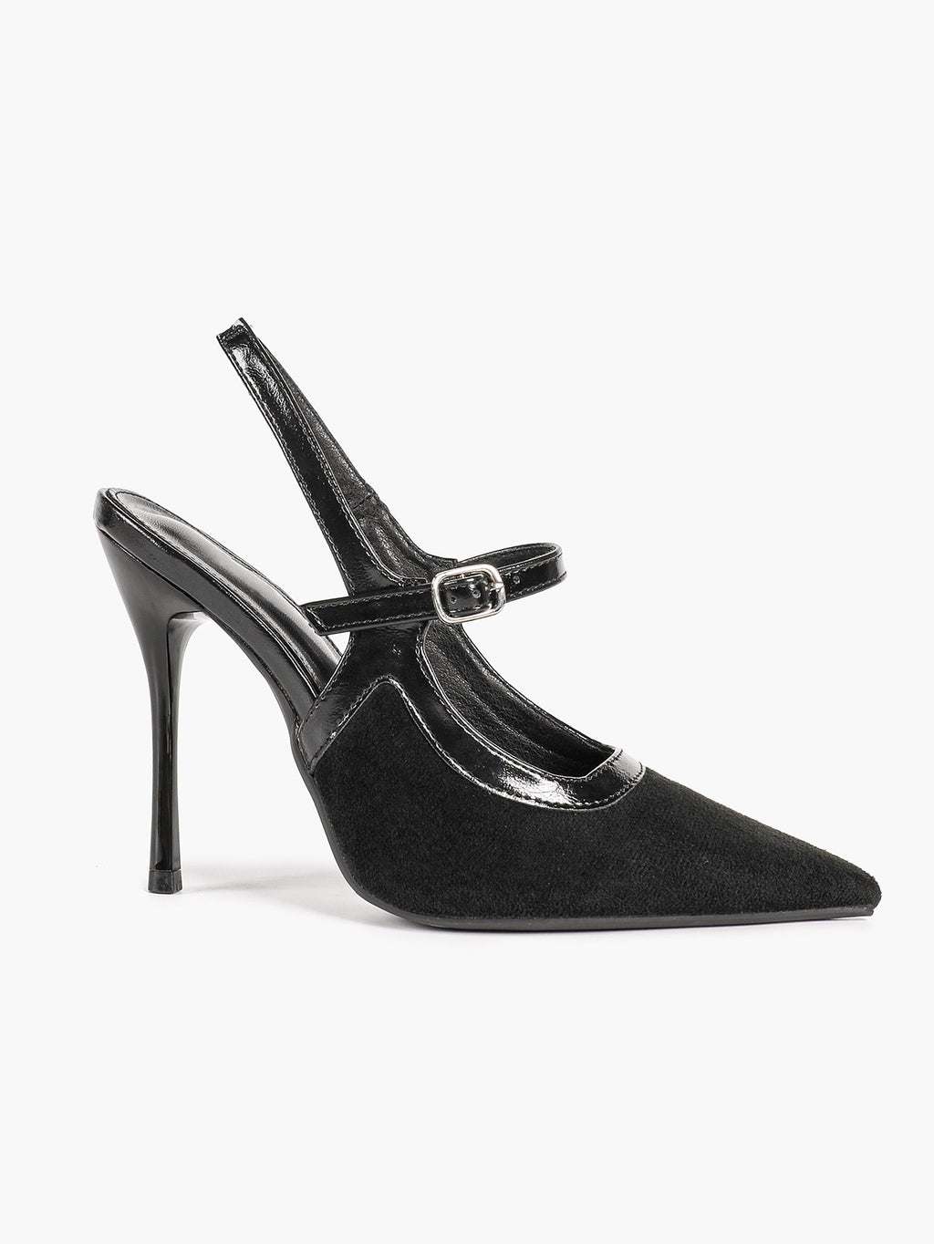 Pointed Toe Black Suede T‑Strap Slingback Heels Stiletto Shoes with Gold Buckle Evening Office