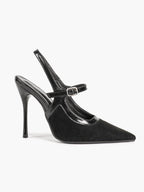 Pointed Toe Black Suede T‑Strap Slingback Heels Stiletto Shoes with Gold Buckle Evening Office