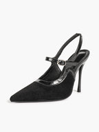 Pointed Toe Black Suede T‑Strap Slingback Heels Stiletto Shoes with Gold Buckle Evening Office