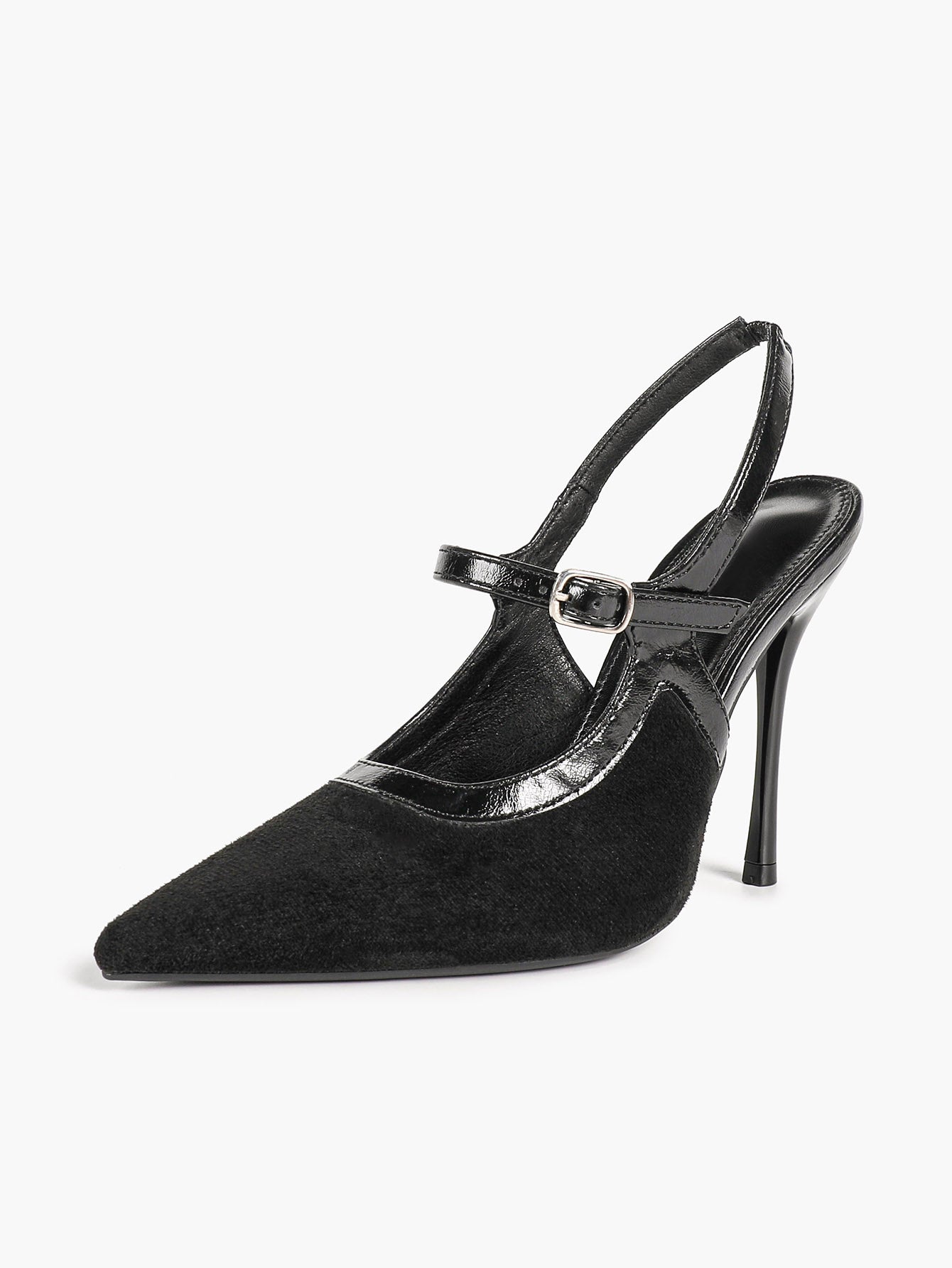 Pointed Toe Black Suede T‑Strap Slingback Heels Stiletto Shoes with Gold Buckle Evening Office