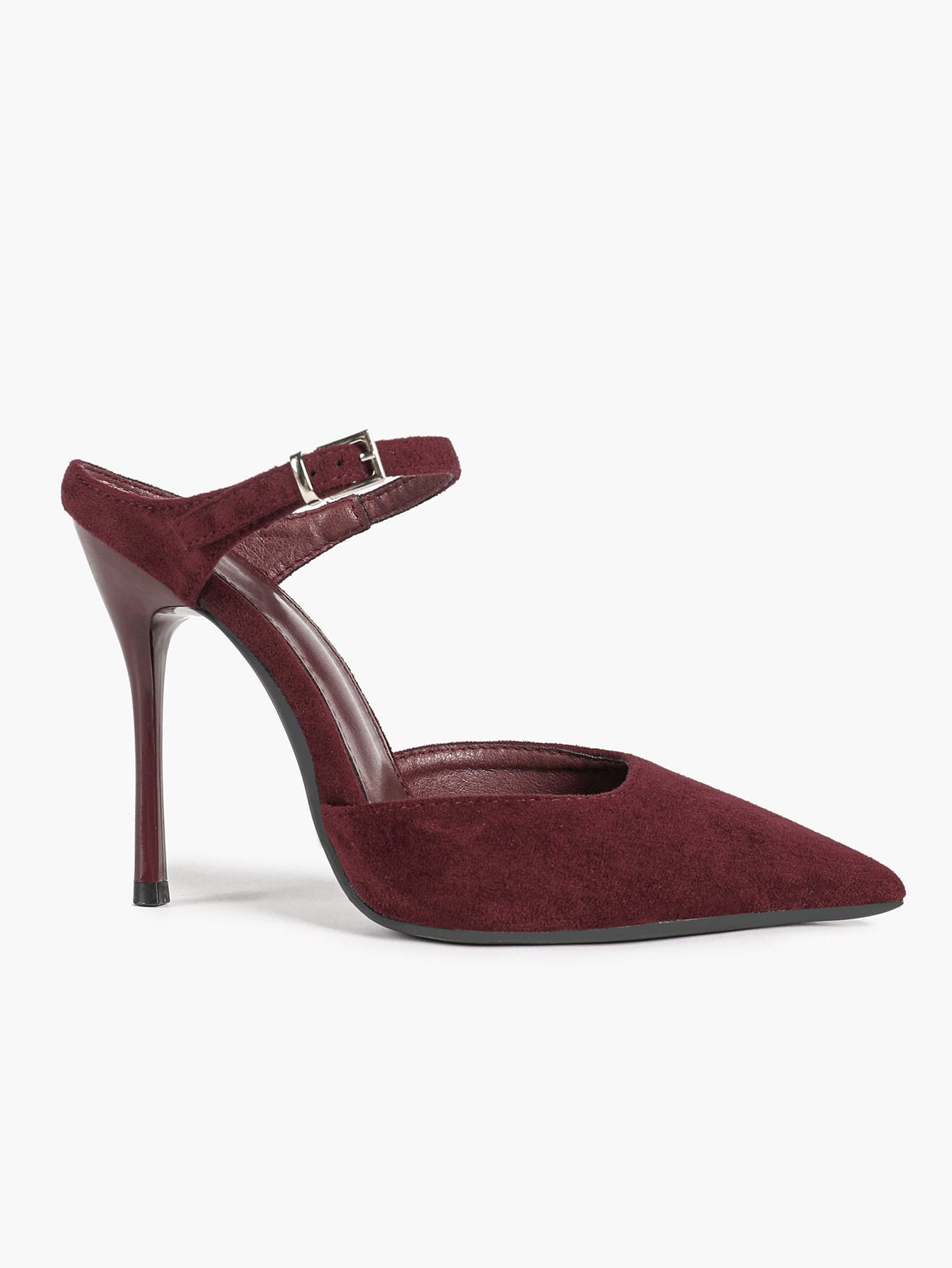 Pointed Toe Burgundy Side Cutout Stiletto Pumps Women Ankle Strap High Heels Evening Party