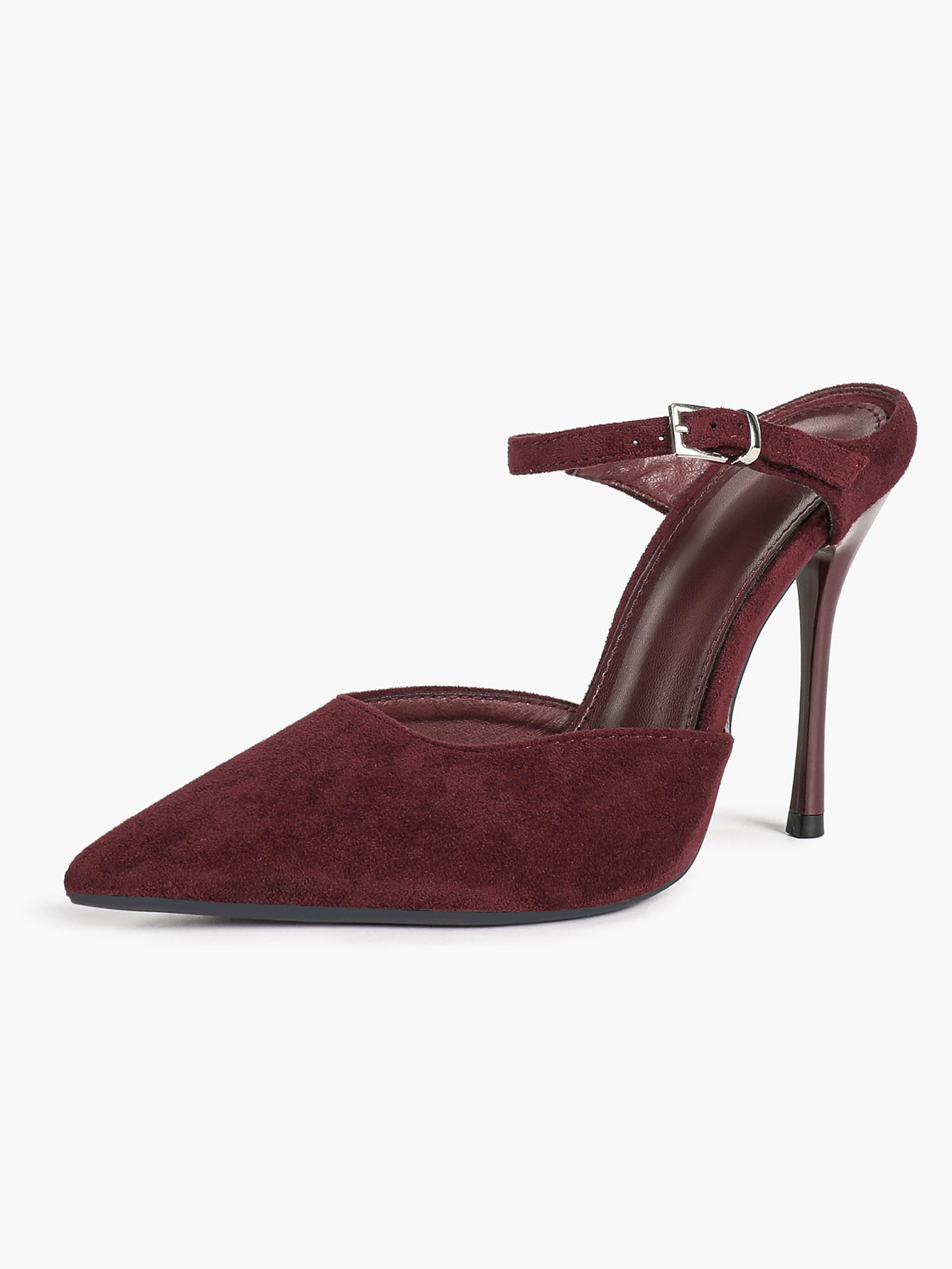 Pointed Toe Burgundy Side Cutout Stiletto Pumps Women Ankle Strap High Heels Evening Party