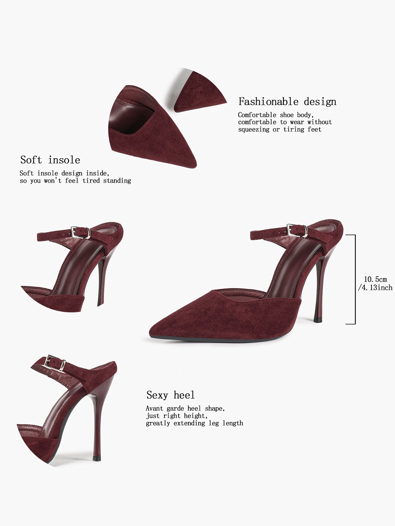Pointed Toe Burgundy Side Cutout Stiletto Pumps Women Ankle Strap High Heels Evening Party