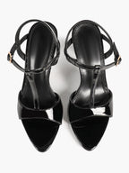 Black Patent T-Strap Slingback High Heel Sandals Open Toe Stiletto Heels with Adjustable Buckle for Party Evening Daily Wear