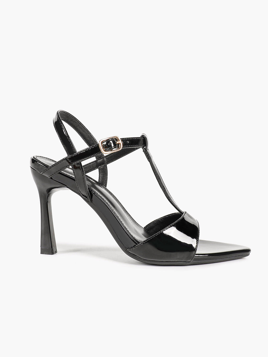 Black Patent T-Strap Slingback High Heel Sandals Open Toe Stiletto Heels with Adjustable Buckle for Party Evening Daily Wear