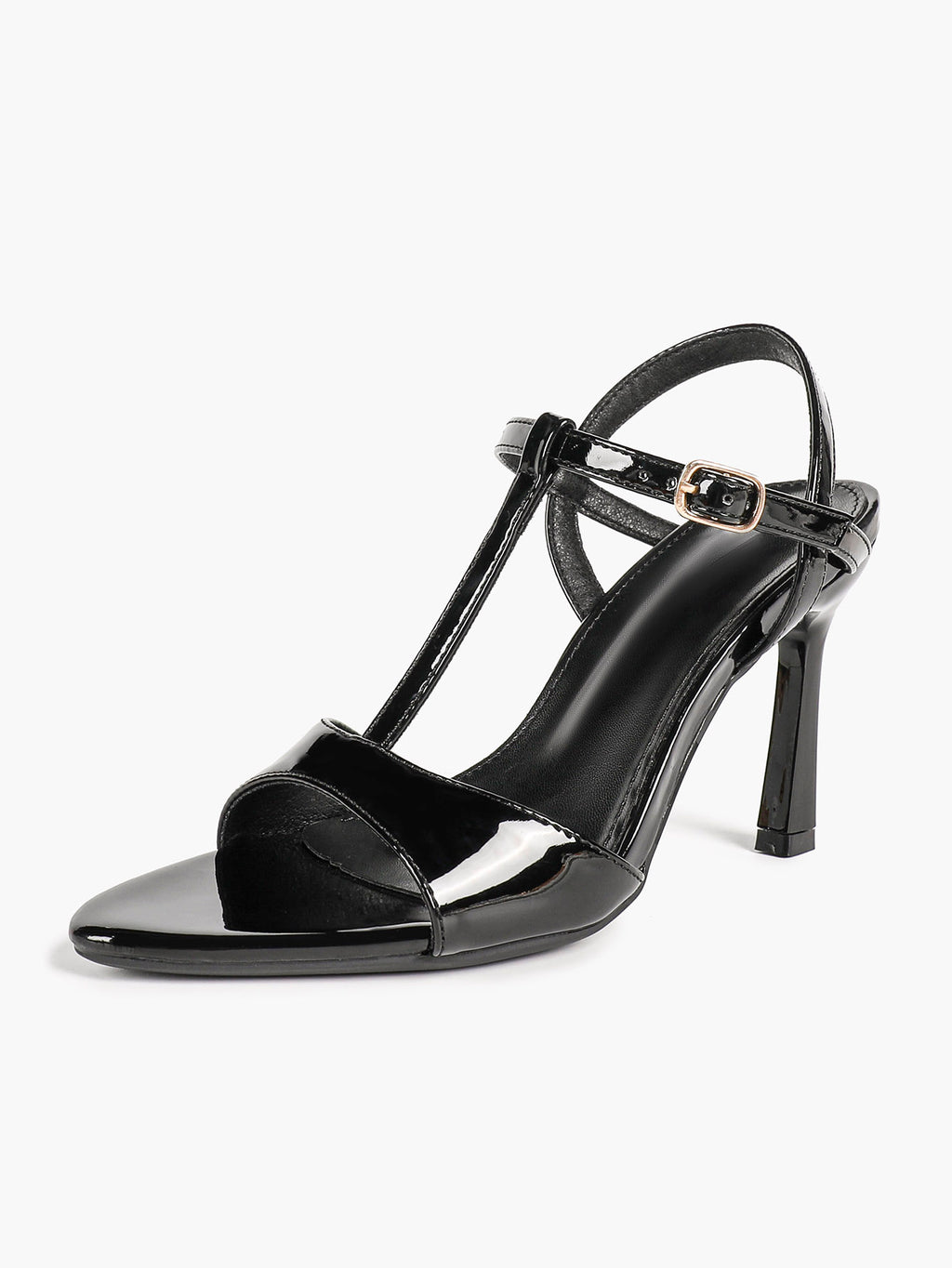 Black Patent T-Strap Slingback High Heel Sandals Open Toe Stiletto Heels with Adjustable Buckle for Party Evening Daily Wear