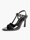 Black Patent T-Strap Slingback High Heel Sandals Open Toe Stiletto Heels with Adjustable Buckle for Party Evening Daily Wear