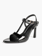 Black Patent T-Strap Slingback High Heel Sandals Open Toe Stiletto Heels with Adjustable Buckle for Party Evening Daily Wear
