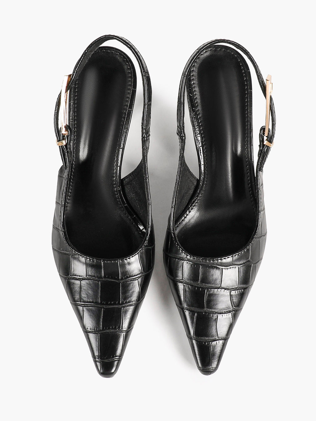 Black Croc‑Embossed PU Slingback Heels Pointed Toe Flared Heel Pumps Office Date Night