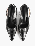 Black Croc‑Embossed PU Slingback Heels Pointed Toe Flared Heel Pumps Office Date Night