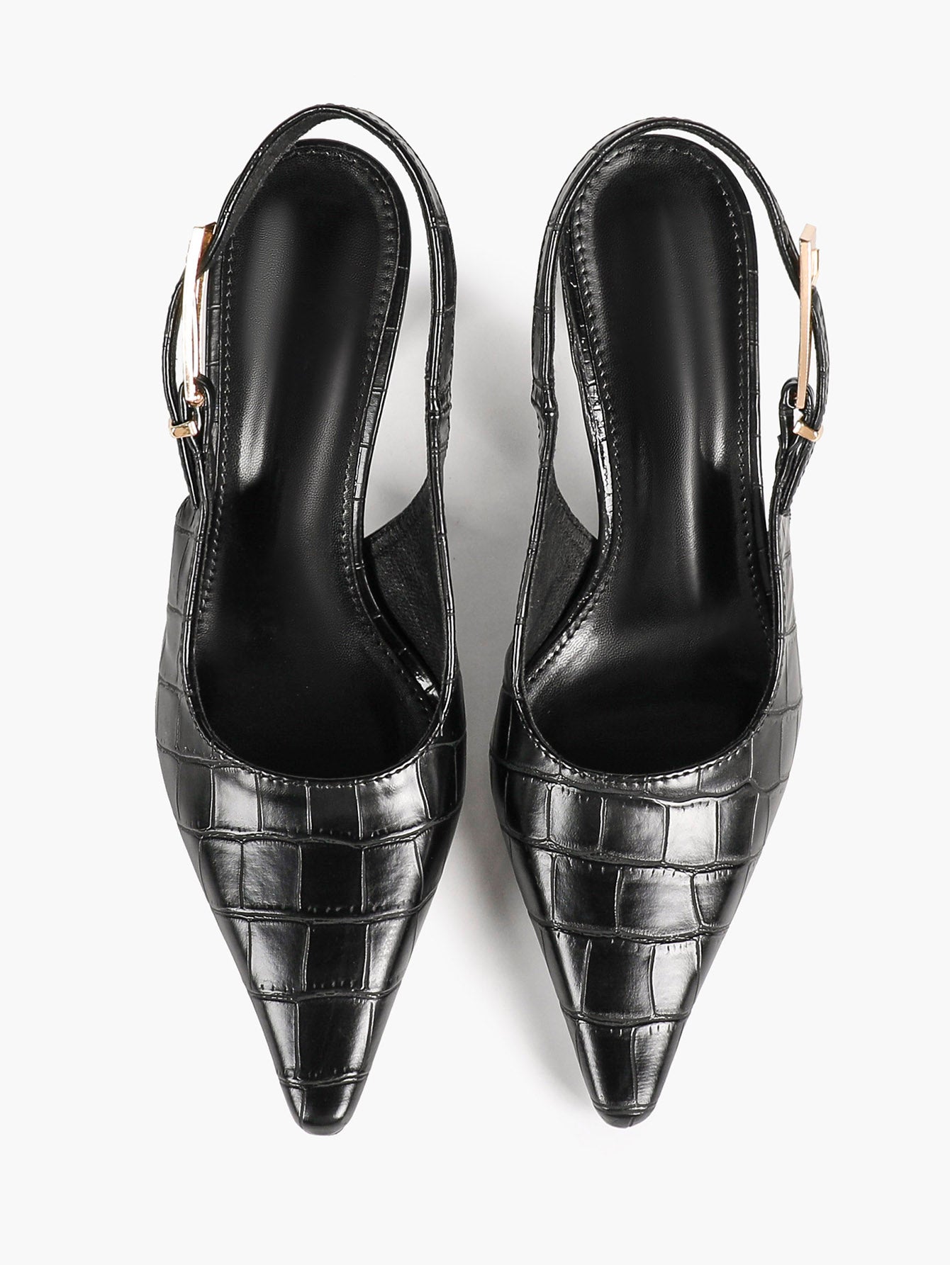 Black Croc‑Embossed PU Slingback Heels Pointed Toe Flared Heel Pumps Office Date Night