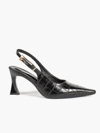 Black Croc‑Embossed PU Slingback Heels Pointed Toe Flared Heel Pumps Office Date Night
