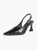 Black Croc‑Embossed PU Slingback Heels Pointed Toe Flared Heel Pumps Office Date Night