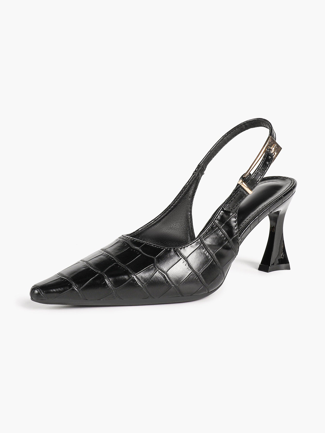 Black Croc‑Embossed PU Slingback Heels Pointed Toe Flared Heel Pumps Office Date Night