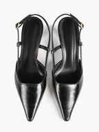 Black Pointed Toe Slingback Pumps Adjustable Buckle Flared High Heel Mules for Daily Office Evening Wear