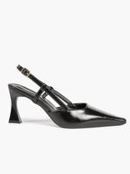 Black Pointed Toe Slingback Pumps Adjustable Buckle Flared High Heel Mules for Daily Office Evening Wear