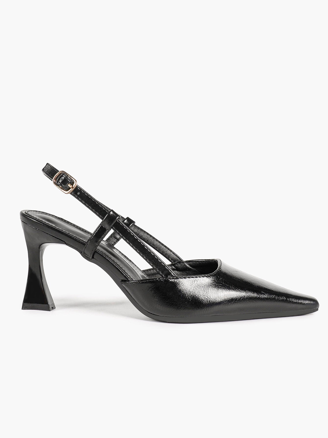 Black Pointed Toe Slingback Pumps Adjustable Buckle Flared High Heel Mules for Daily Office Evening Wear