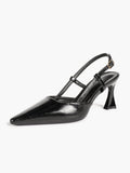 Black Pointed Toe Slingback Pumps Adjustable Buckle Flared High Heel Mules for Daily Office Evening Wear