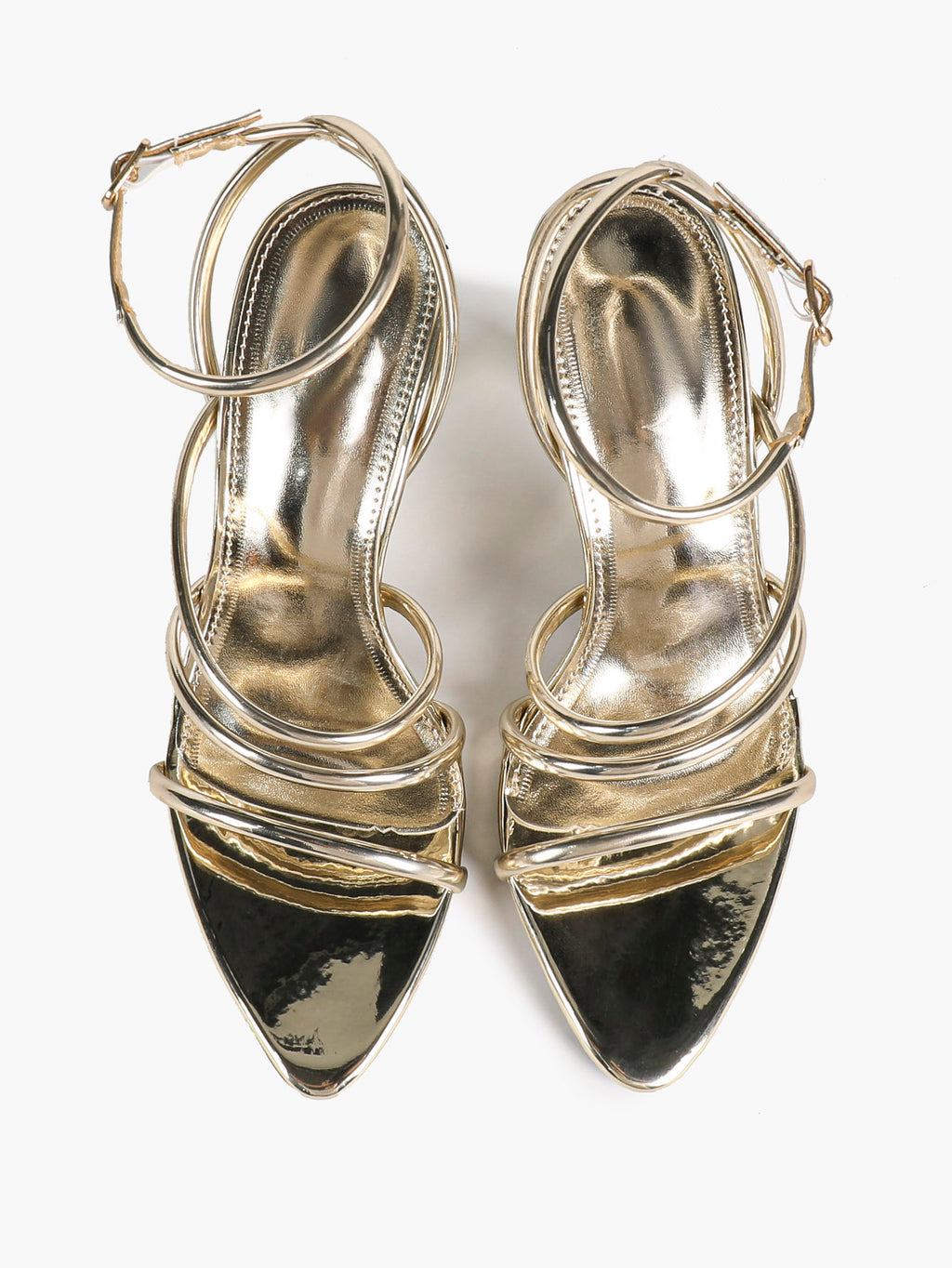 Gold Metallic Open Toe Flared Stiletto Heels Multi‑Strap Ankle Strap Sandals Party Evening Shoes