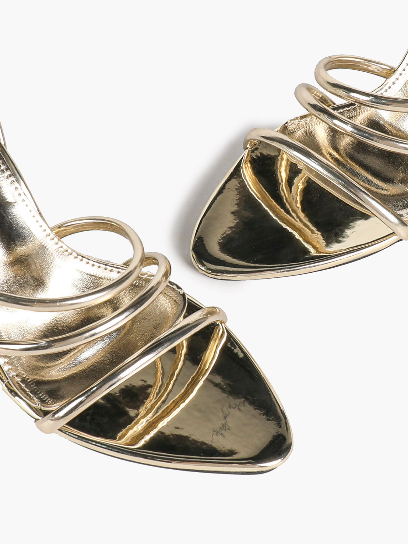 Gold Metallic Open Toe Flared Stiletto Heels Multi‑Strap Ankle Strap Sandals Party Evening Shoes