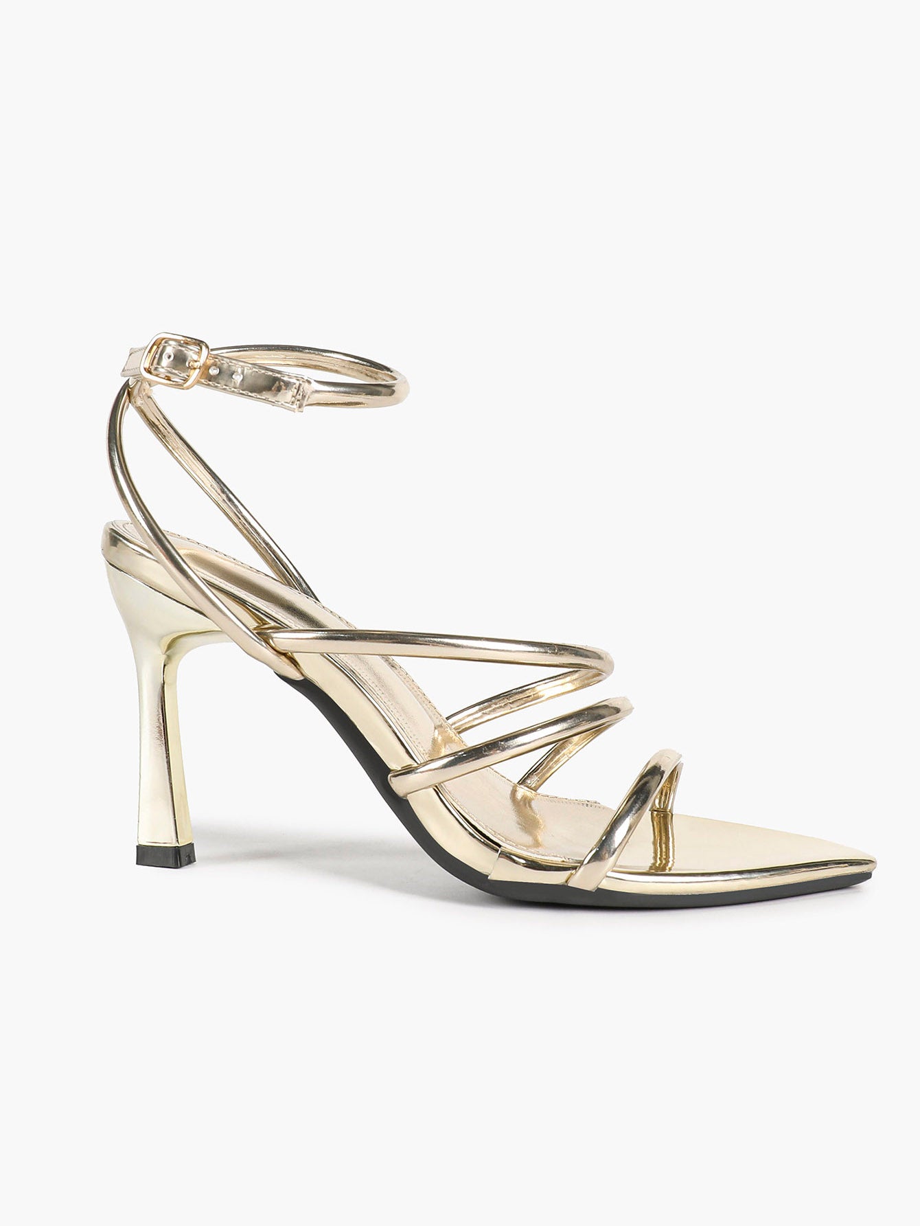 Gold Metallic Open Toe Flared Stiletto Heels Multi‑Strap Ankle Strap Sandals Party Evening Shoes